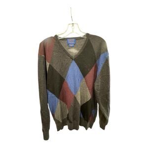 Pendleton Sweater Mens Medium Merino Wool Gray Blue Red V-Neck Argyle Hole